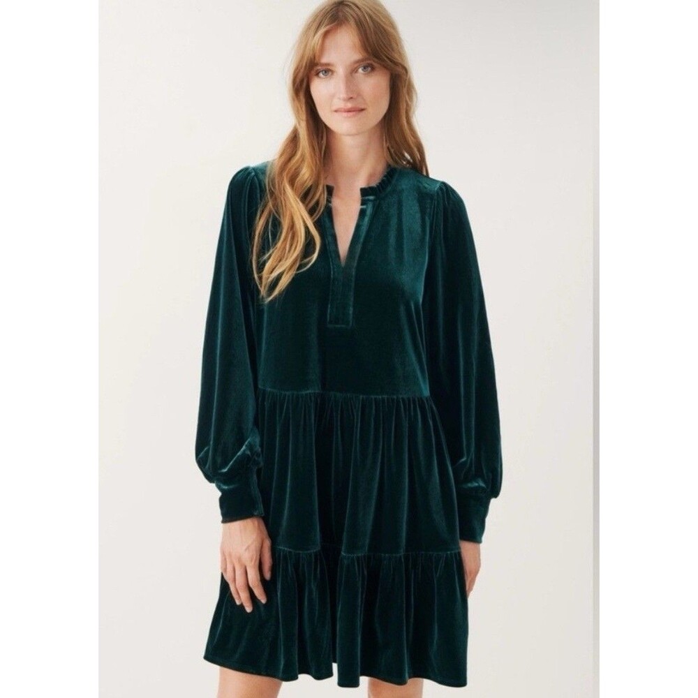 1.State WOMEN’s Balloon Sleeve Tiered Velvet Trapeze Dress Green Holiday Party-L